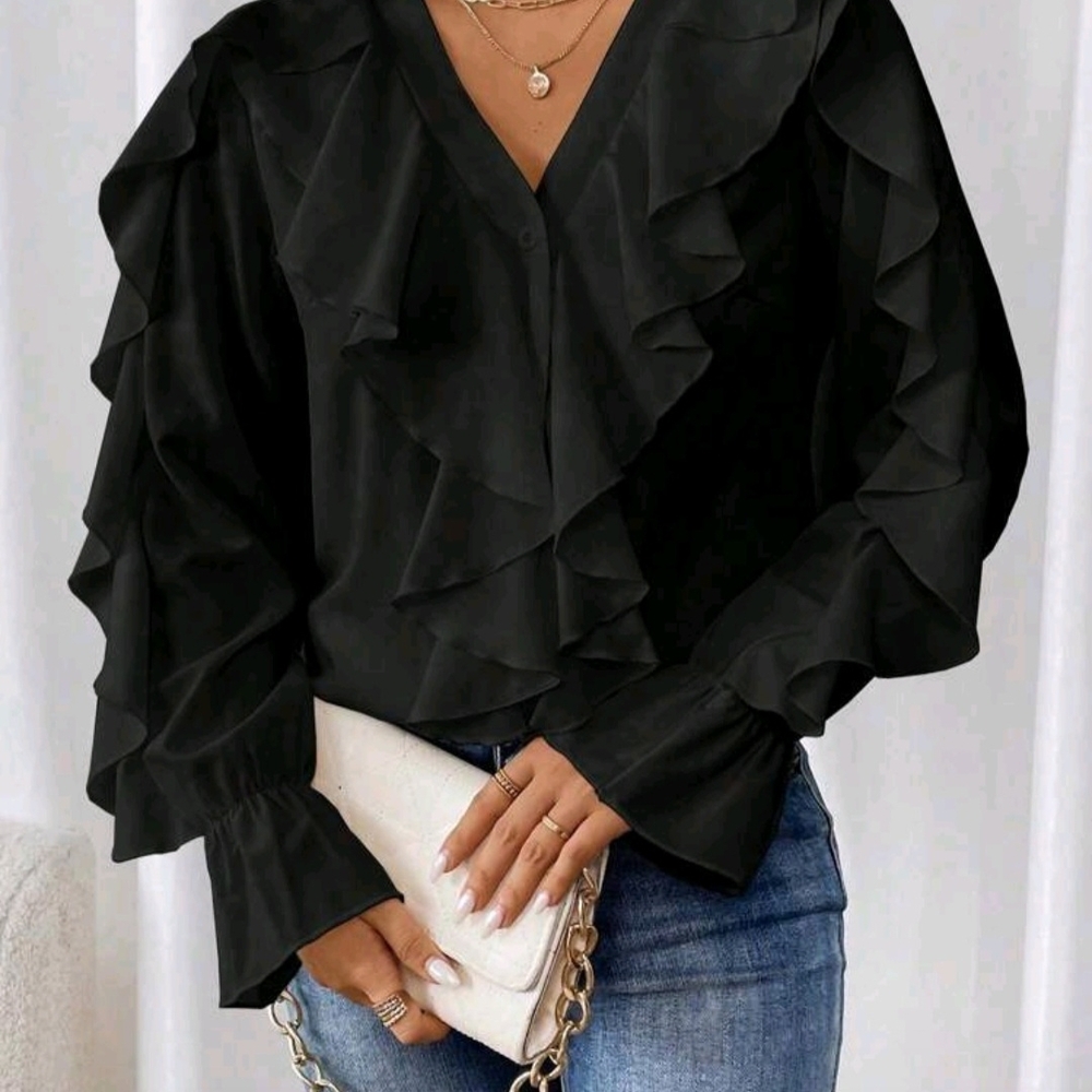 Chic Black Ruffle Blouse - Picture 2 of 4